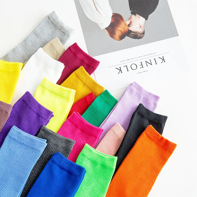 

Spring Autumn Cotton Sock Sweet Candy Color Striped Middle Tube Socks Women Personality Cartoon Girl Casual Sport Pile Socks