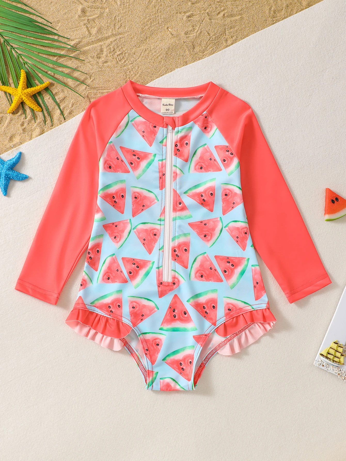 Girls Sweet One Piece Zipper Swimsuit Allover Watermelon Print Long Sleeve Crew Neck Ruffle Hem Cute Fashion Swimwear