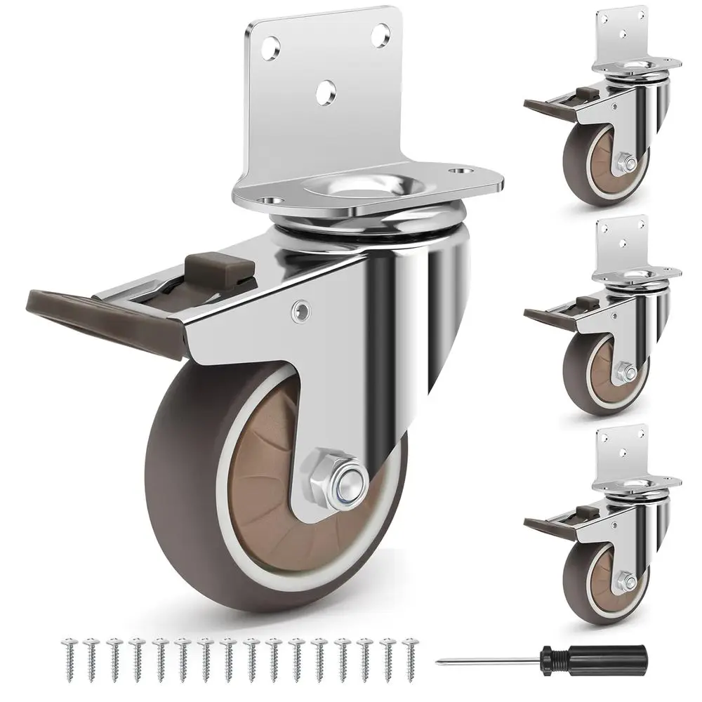 

3 Inch Set of 4 Silent Rubber L-Shaped Casters with Locking Brakes, Total Capacity 1000 LBS, Non-Marking Plate Swivel Wheels for