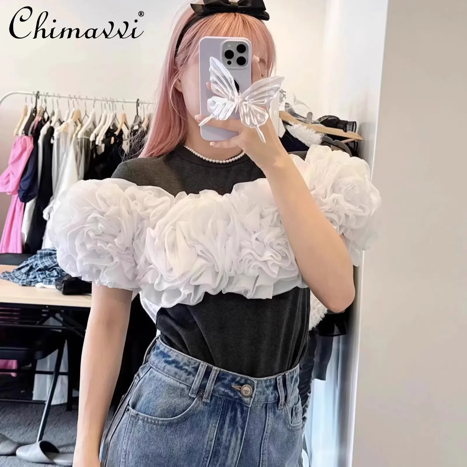 Heavy 3D Large Flower Round Neck Short-sleeved T-shirt Japanese New Sweet Girl Slim Contrasting Color Splicing Tees Top Women