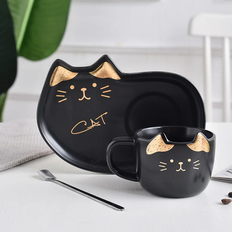 

Black Porcelain Creative Cup And Saucer Set Cat Tea Cup Cute Couple Water Mugs With Spoon Kubek Na Kawe Kitchen Coffeeware