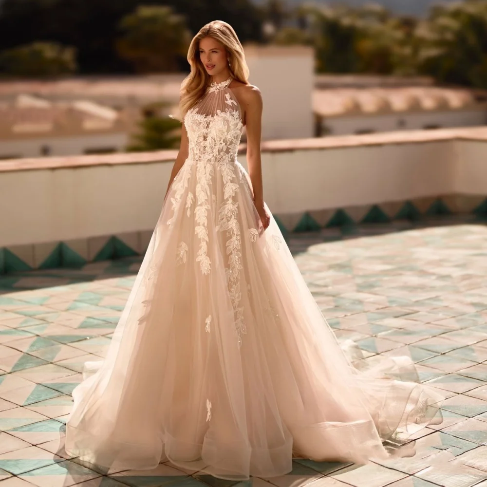 

Customized High Split Zipper Wedding Dresses Halter Neck For Women Charming Simple Lace Applique Bridal Gowns Vestidos De Novia