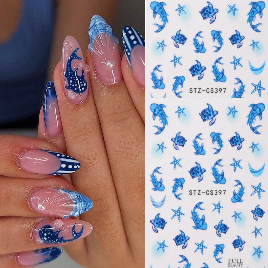 3D Cute Cartoon Blue Whale Nail Stickers - Ocean Whale, Starfish and Sea turtle Designs Nail Decals Y2K Nail Decorations DIY