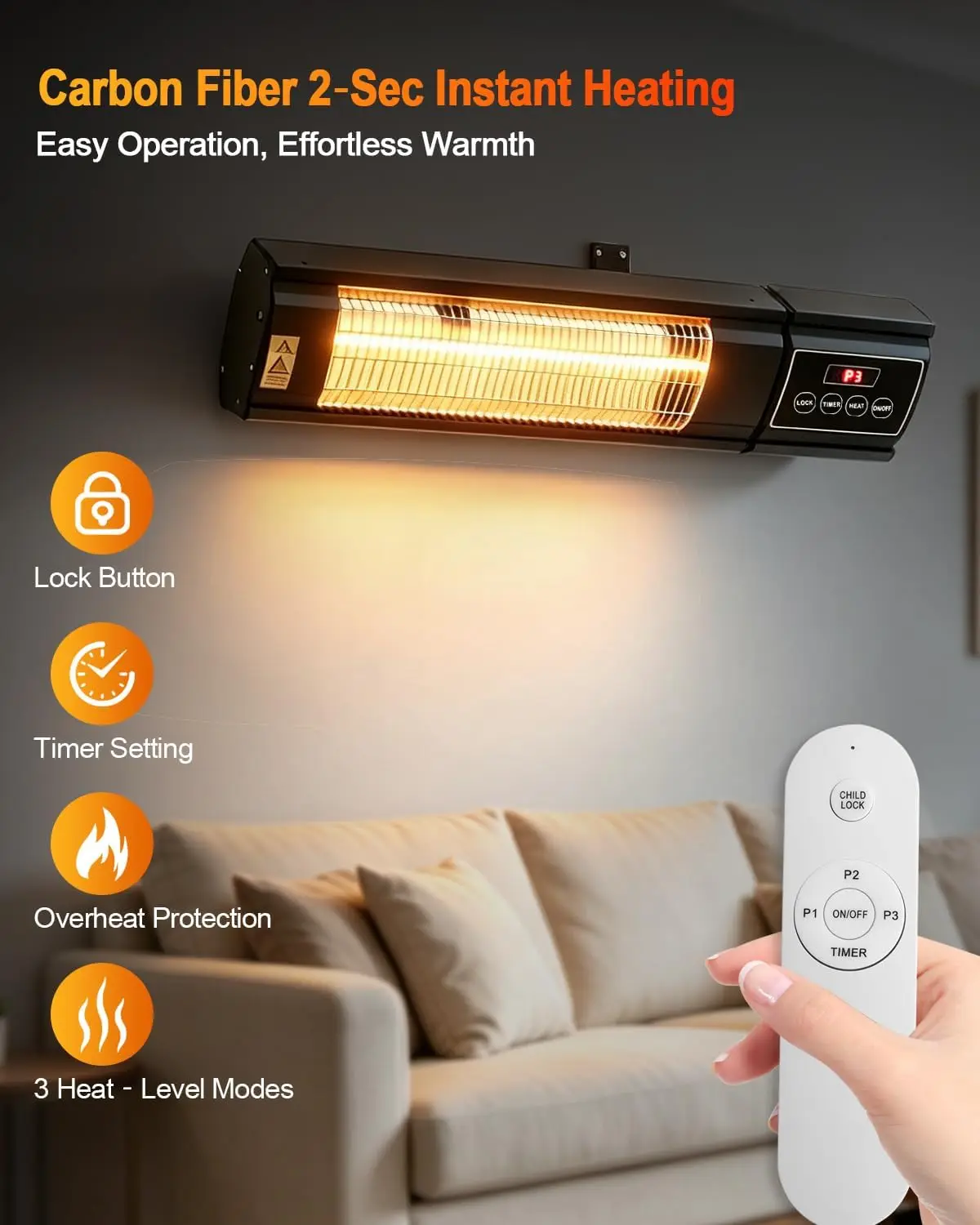 1500W Electric Infrared Patio Heater for Outdoor Use, IP65 Approved Wall-Mounted Heater with 3 Heating Levels, Ideal for Decks, Garages and Backyards