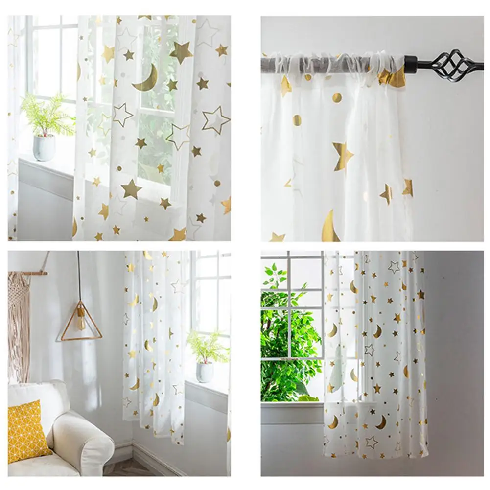 White Blackout Curtains for Living Room Bedroom Moon Star Printed Sheer Tulle for Windows Romantic Voile Drapes Kitchen