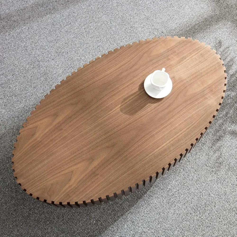 Mesa De Café Oval De Noz, Mesa de madeira moderna para sala de estar, Tambor Fluted Circle Contemporâneo