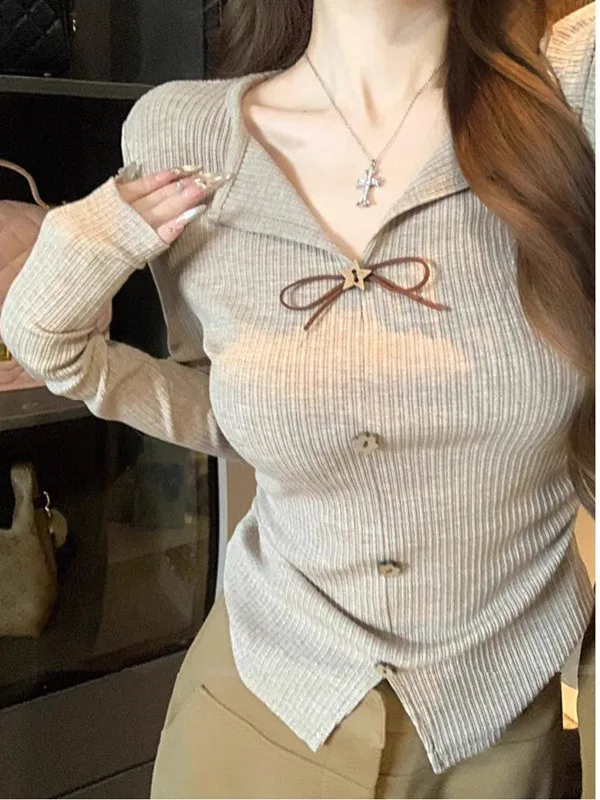 Design Sensation Women's Slim Fit Base Shirt Korean Style Commute Fashion Belted Flip Collar Inner Wear Autumn New Arrival