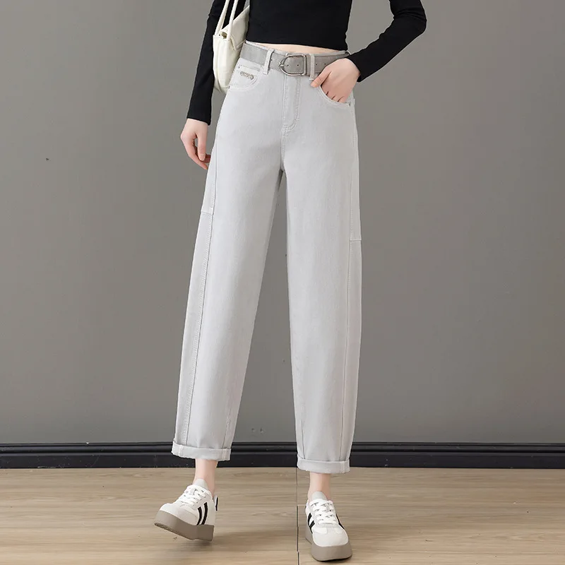 جينز مريح للنساء، سروال حريم خريفي، خصر عالي، تنحيف، مقاس فضفاض، جينز للأب