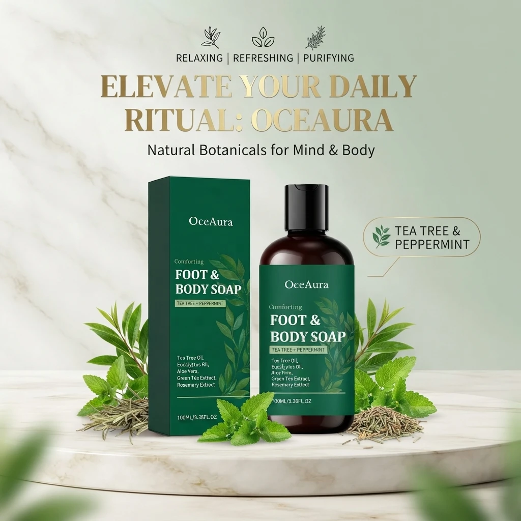 OCEAURA Tea Tree Body Wash, for daily body‑skin cleansing, delivers rich foam and fresh long‑lasting fragrance
