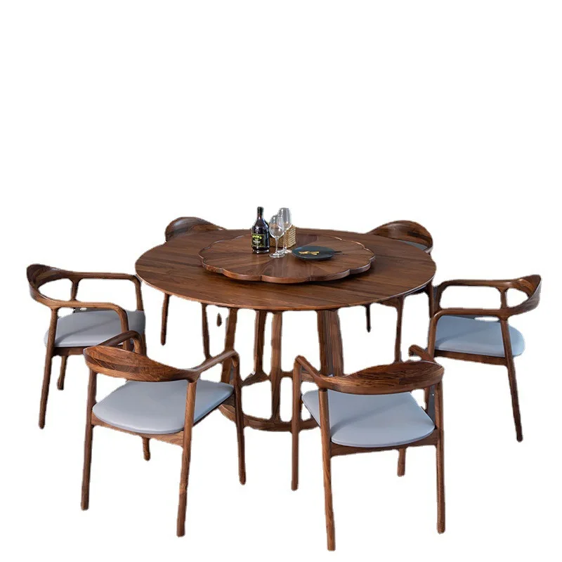 

Nordic all solid wood black walnut round dining table and chairs with turntable living room modern simple dining table dining