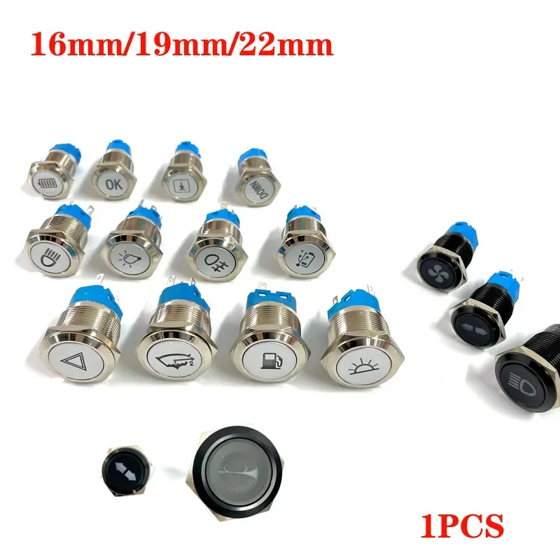 

16/19/22mm Metal Push Button Switch LED Light DIY Logo Symbol Icon Signal Customization Waterproof Chromed Oxide Black for Car