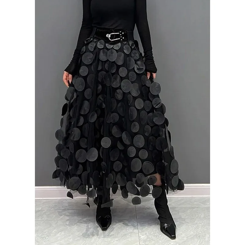 Women's Fashion New 3D Polka Dot High Waist A-line Skirt Temperament Commuting Spring Women Literary Retro Sheer Mesh Skirts