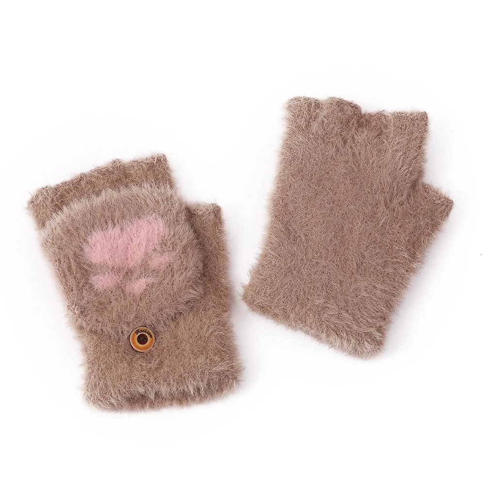 

Оптовая продажа, толстые женские теплые модные варежки с милым котом, мягкие плюшевые зимние перчатки без пальцев с половиной пальца