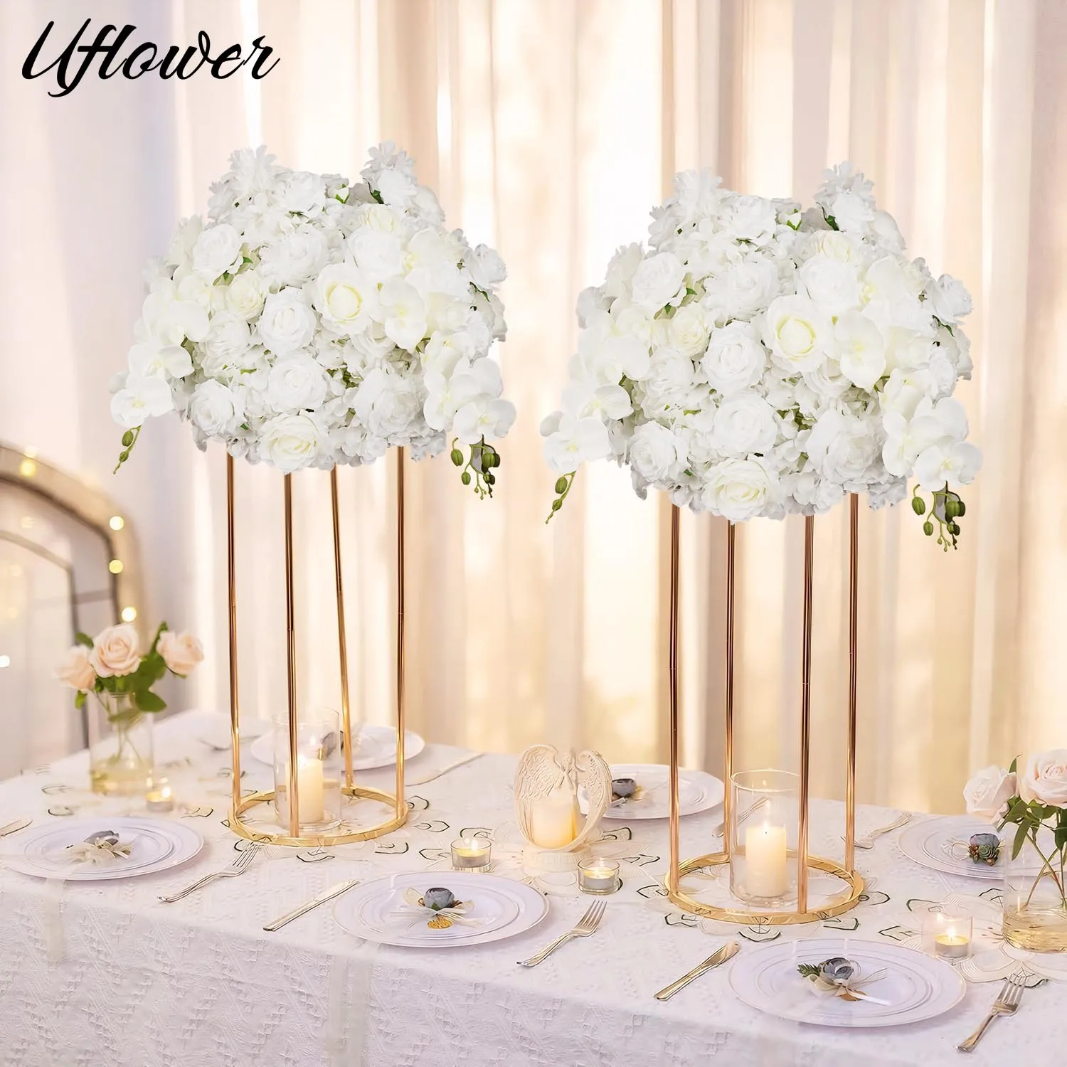 Uflower 50cm Luxury White Rose Flower Ball Table Centerpiece Decor Wedding Backdrop Party Floral Arrangement Event Window Prop