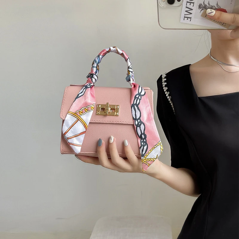 Women Small Square Pack Handbags Silk Scarf Shoulder Bags PU Leather Mini Chain Bag Luxury Ribbons Crossbody Messenger Bags