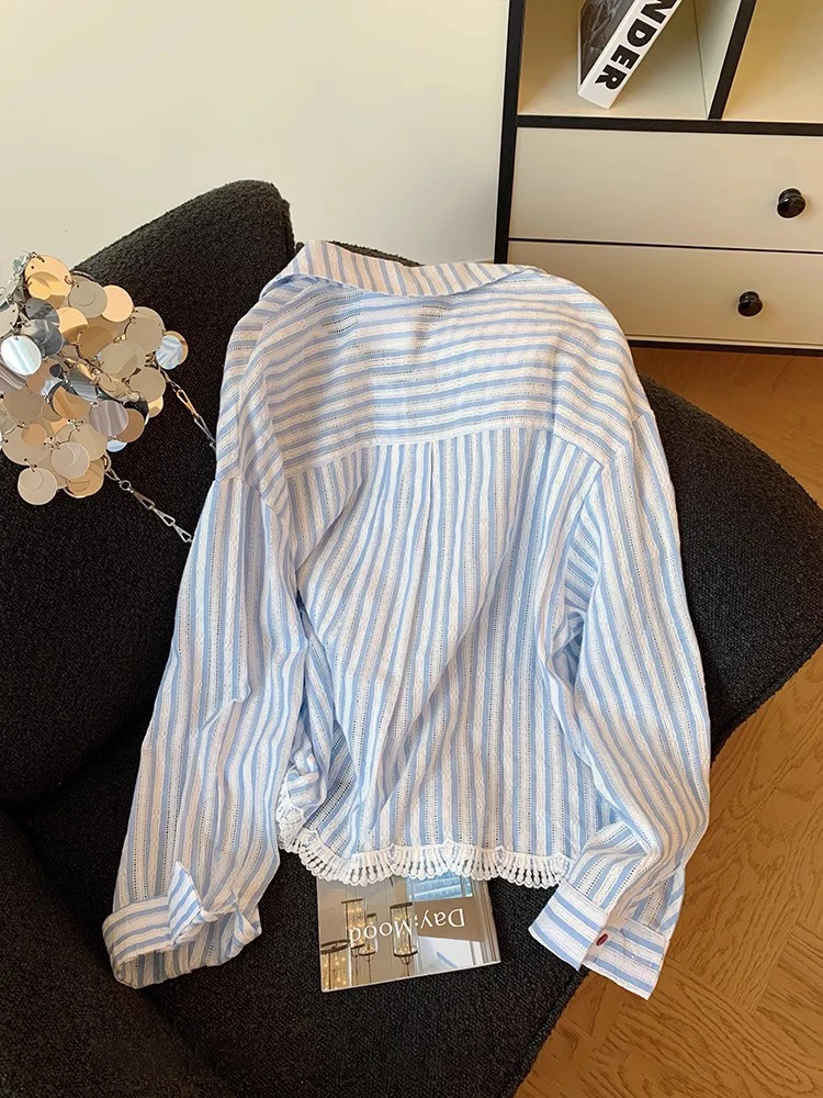 Schicker, süßer Spitzenbesatz, gestreift, lässig, Ne irt Damen, Frühling, Sommer, Design, Sensation, lockere Passform, lang, Sve, Knopfleiste