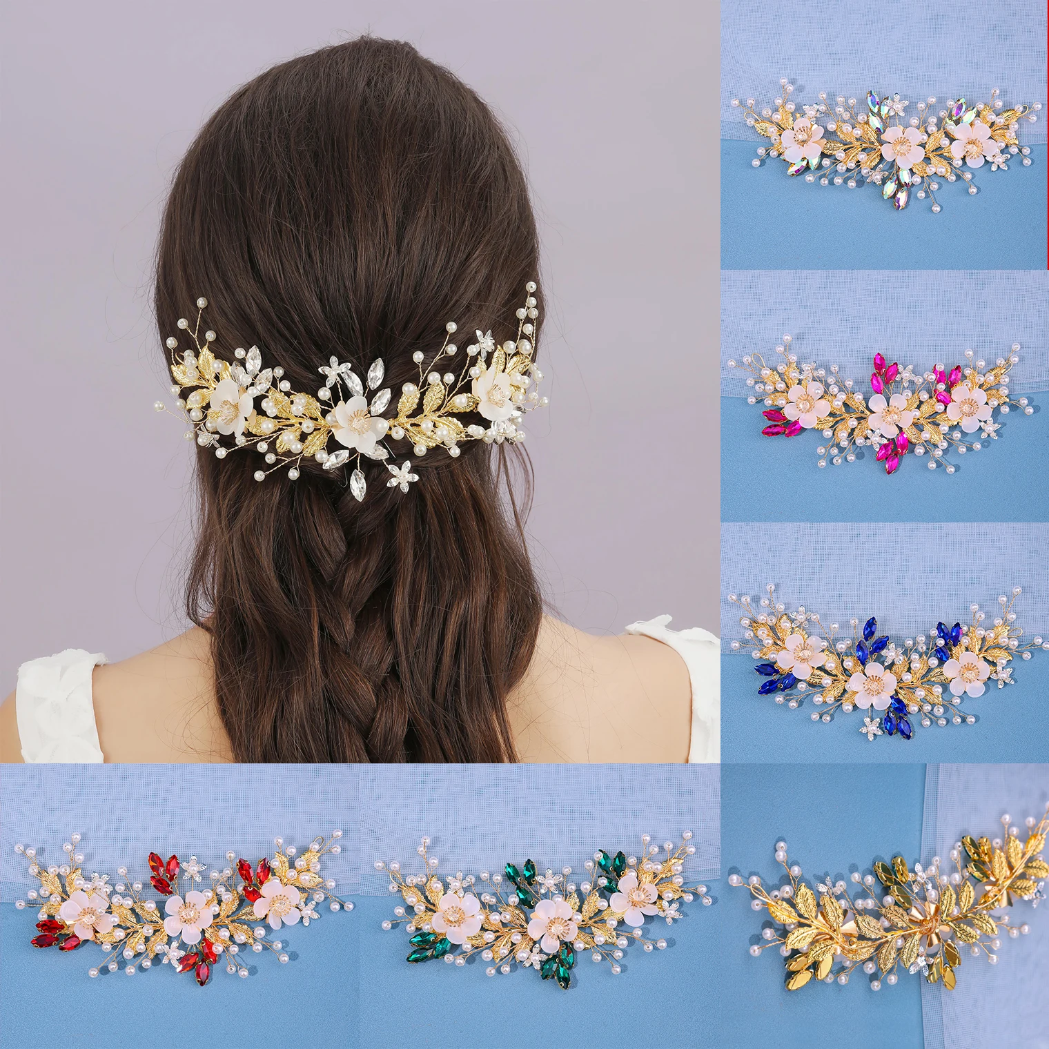 Luxury Bridal Handmade Resin Flower Rhinestone Crystal Women Hair Clip Wedding Prom Accessories