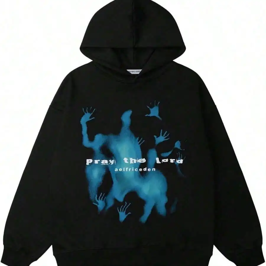 

Черная толстовка оверсайз с графическим принтом Blue Ghost, уличный стиль, пуловер