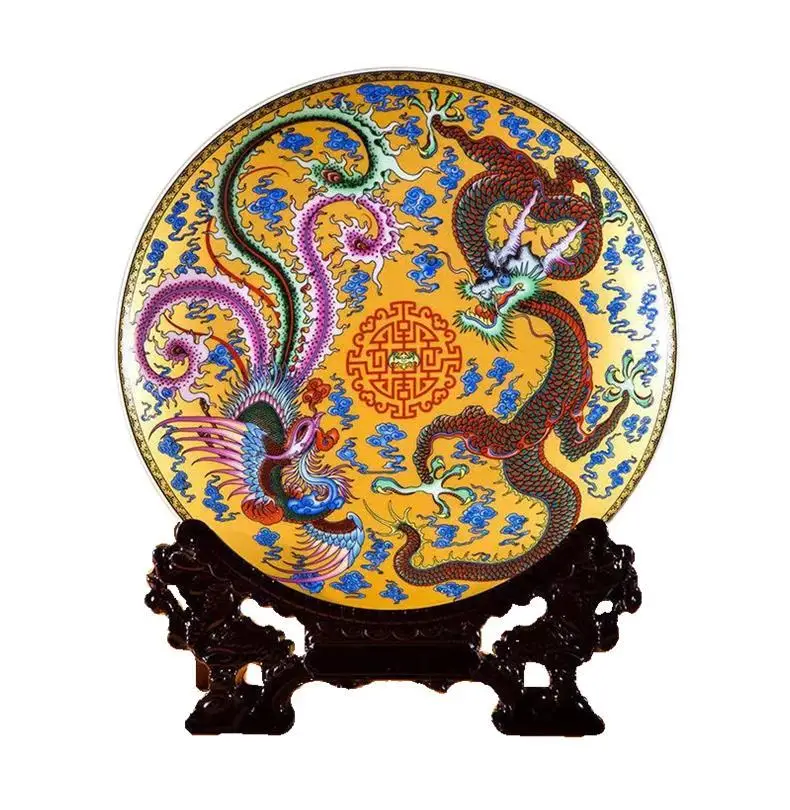 Jingdezhen Ceramic Decorative Plate Jiulongfeng Wooden Base Chinese Traditional Set Wedding Gift 26cm