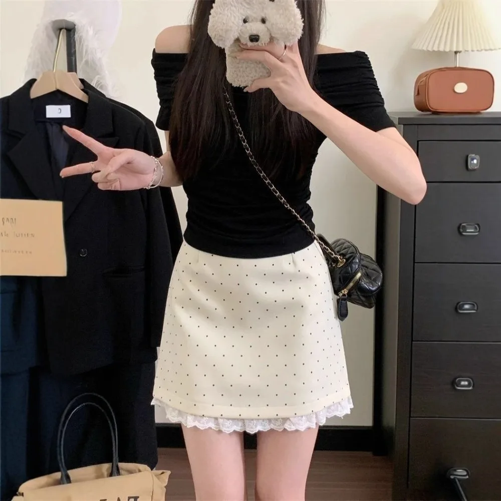 Sweet Elegant Mini Skirt High Waist Lace Ruffles Polka Dot Skirt Retro Style Polka Dot Pattern Lace Skirt Women Summer Wear