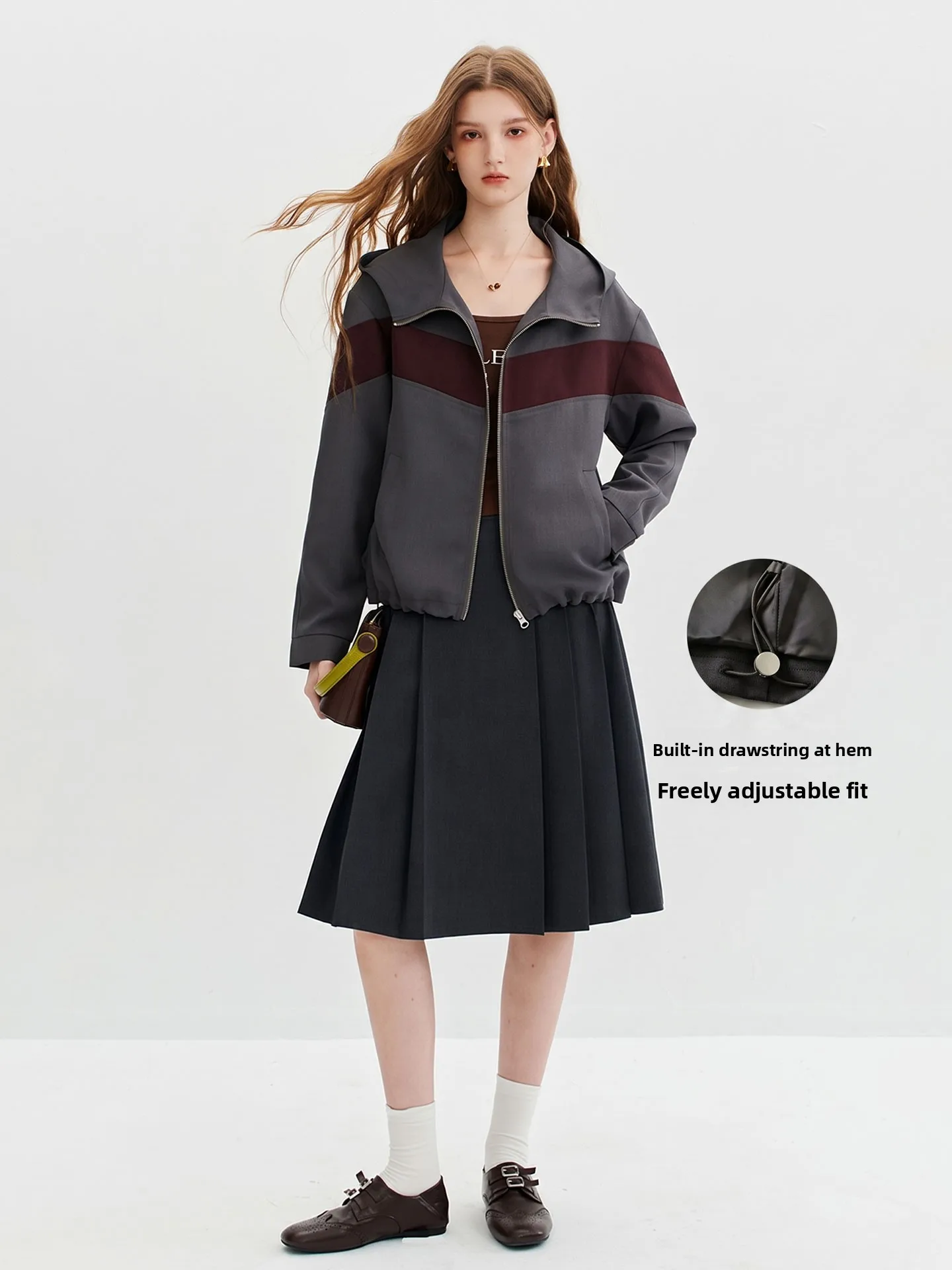 Modern Retro Color Block Hooded Short Jacket Casual Loose Fit Women's Autumn Outerwear Sporty Shoulder Drop Sleeves KUHNMARVIN