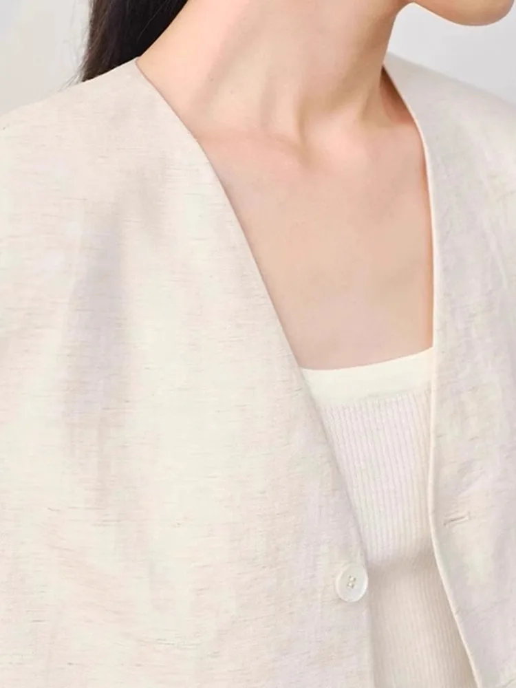 Fashionable Pure Color Linen Casual Short Sleeve Suit Jacket Comfortable Youthful Top Commute Style V-Neck Button Closure