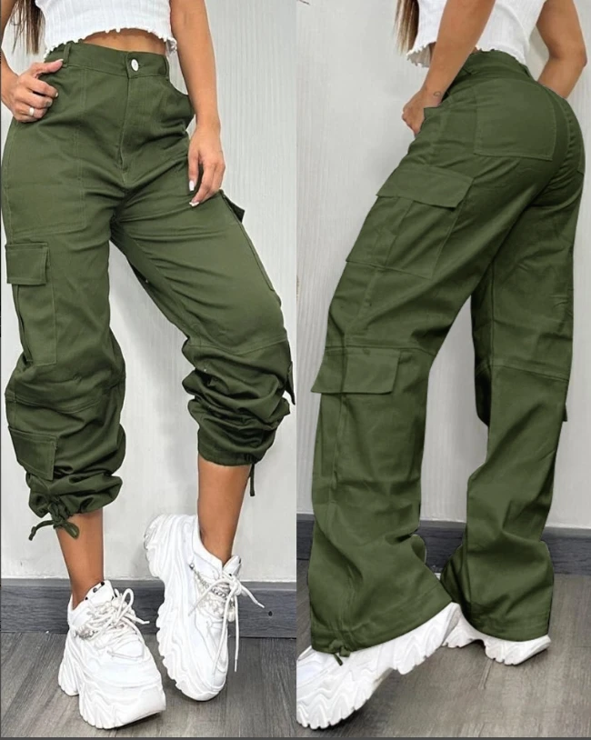 

Solid color multi pocket work pants for women to tie their feet