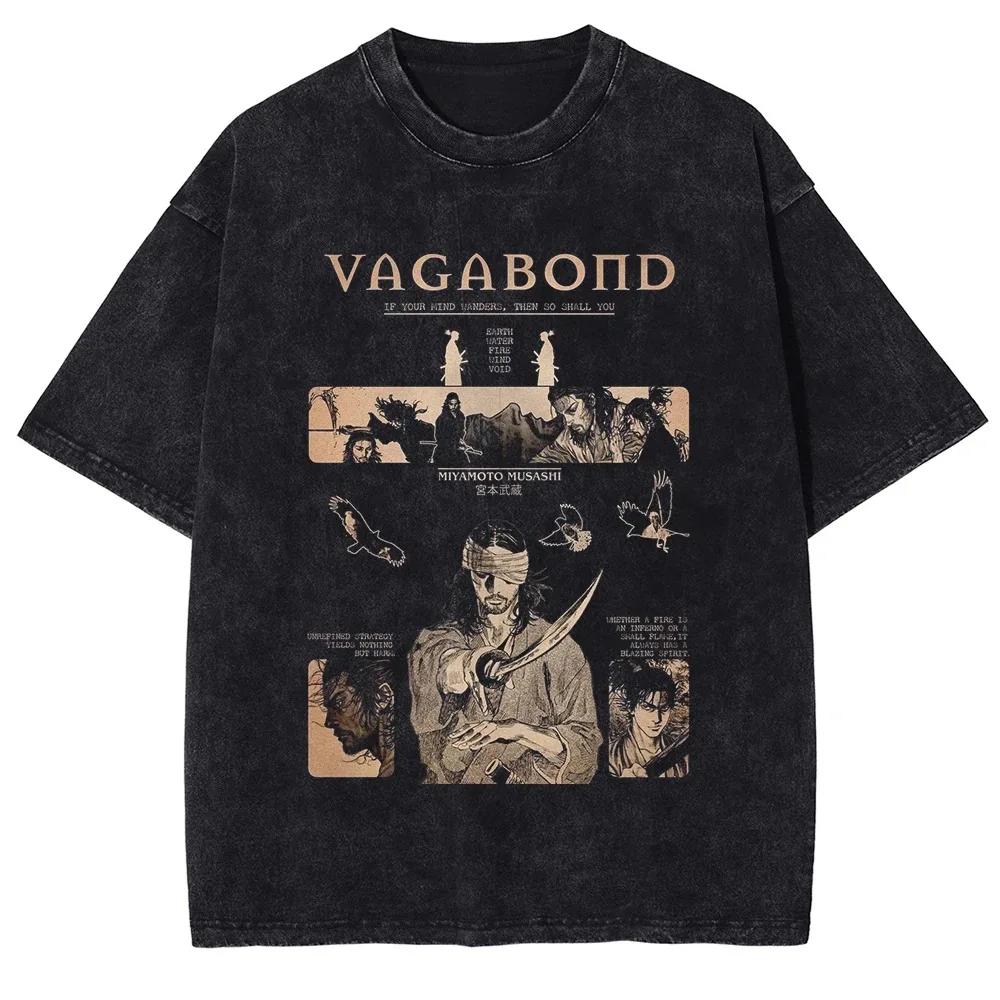 Anime Vagabond Miyamoto Musashi Manga T-shirt Men Women Vintage Washed Oversize Harajuku Fashion Top Summer Cotton Soft New Tee