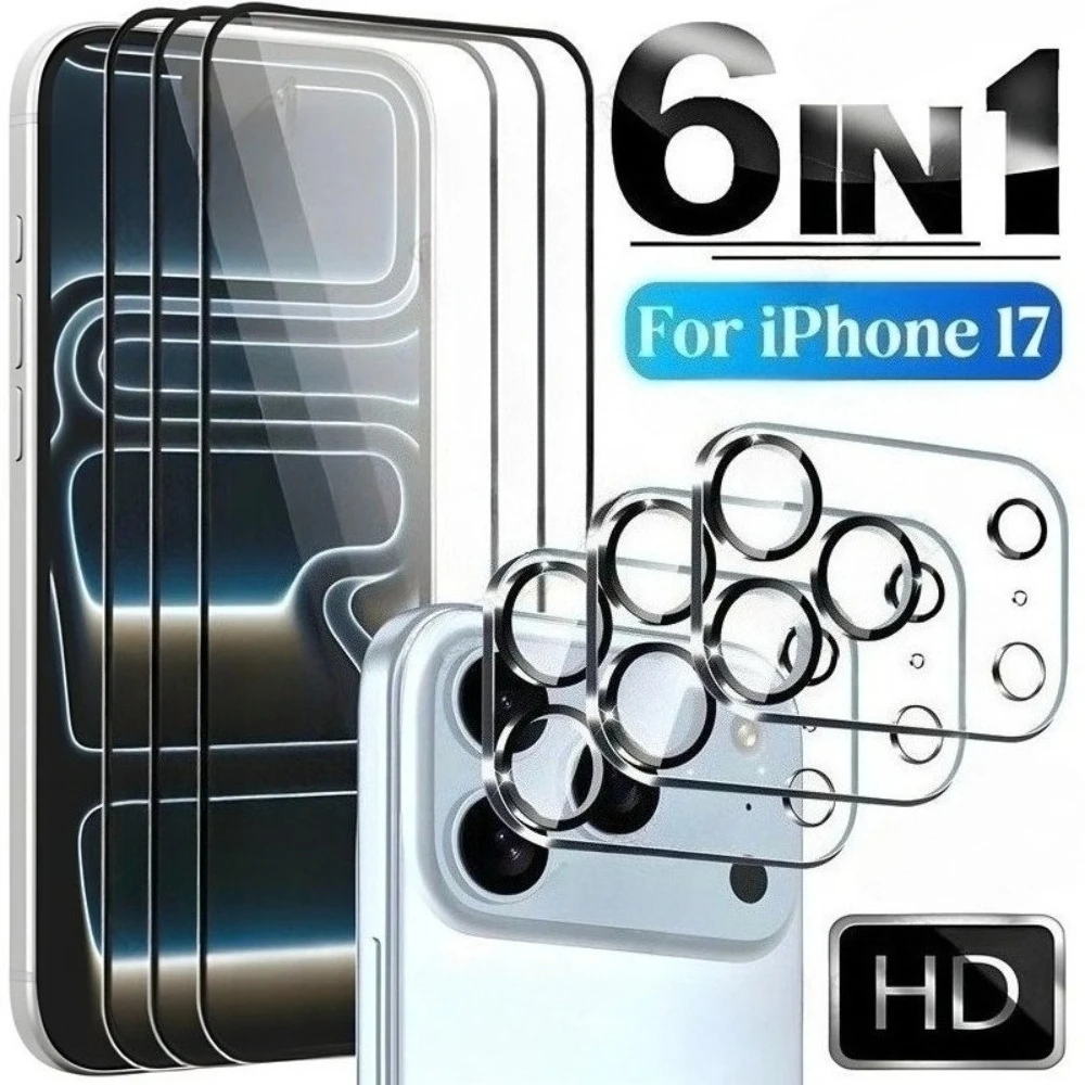 

6-in-1 Full Cover Screen Protector for iPhone 17 16 15 14 Pro Max Air Camera Lens Glass for iPhone 13 12 11 Pro Mini 16 15 Plus