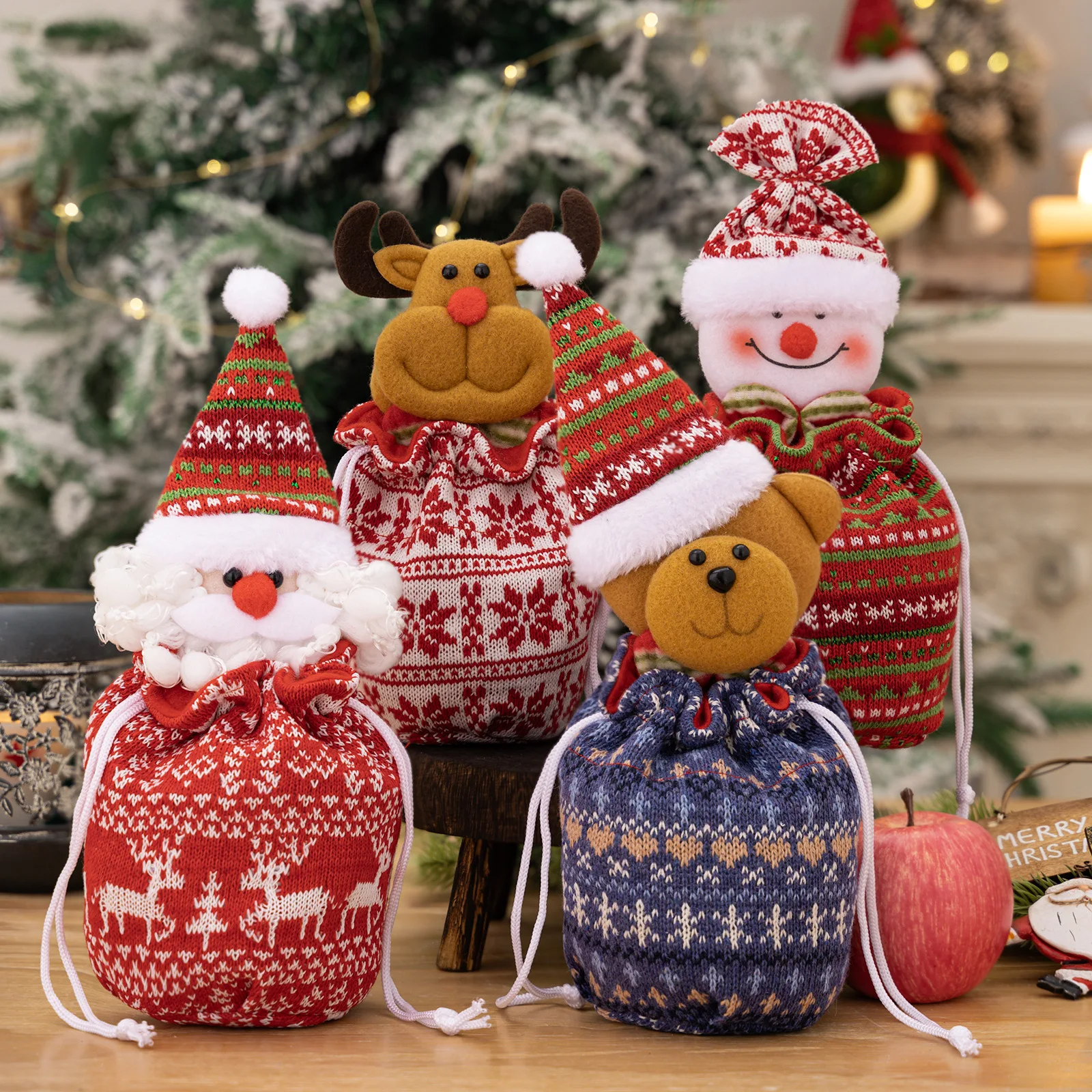 

Creative Personality Christmas Decorations New Cute Cartoon Old Man Snowman Elk Bear Knitted Apple Bag Christmas Gift Bag