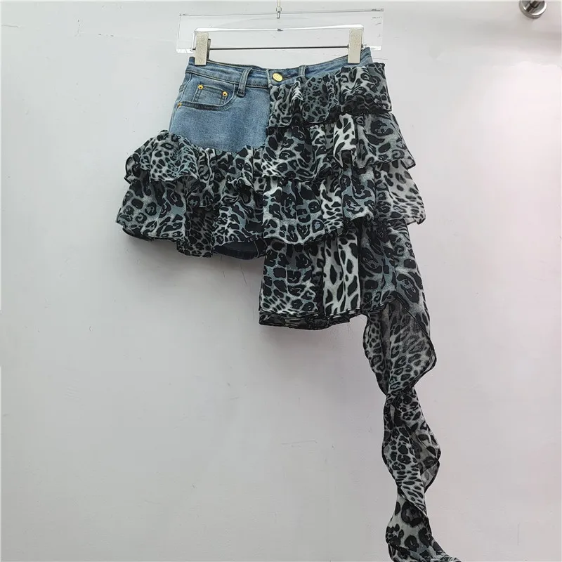 American Retro Leopard Print Skirt, Women's Summer Irregular Splicing Spice Girl Elastic Denim Cake Skirt, Short Jupe Femme