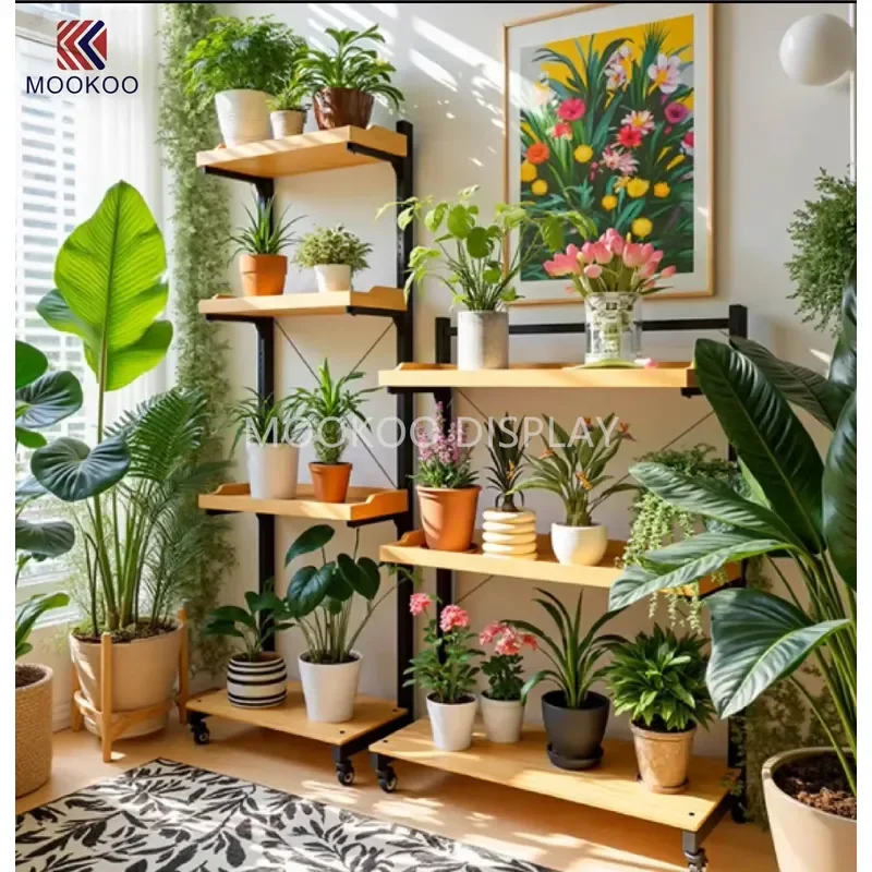 for MobiTier Multi Tier Rolling Plant Display Stand Black Metal Wood Mobile Flower Pot Rack With Lockable Casters