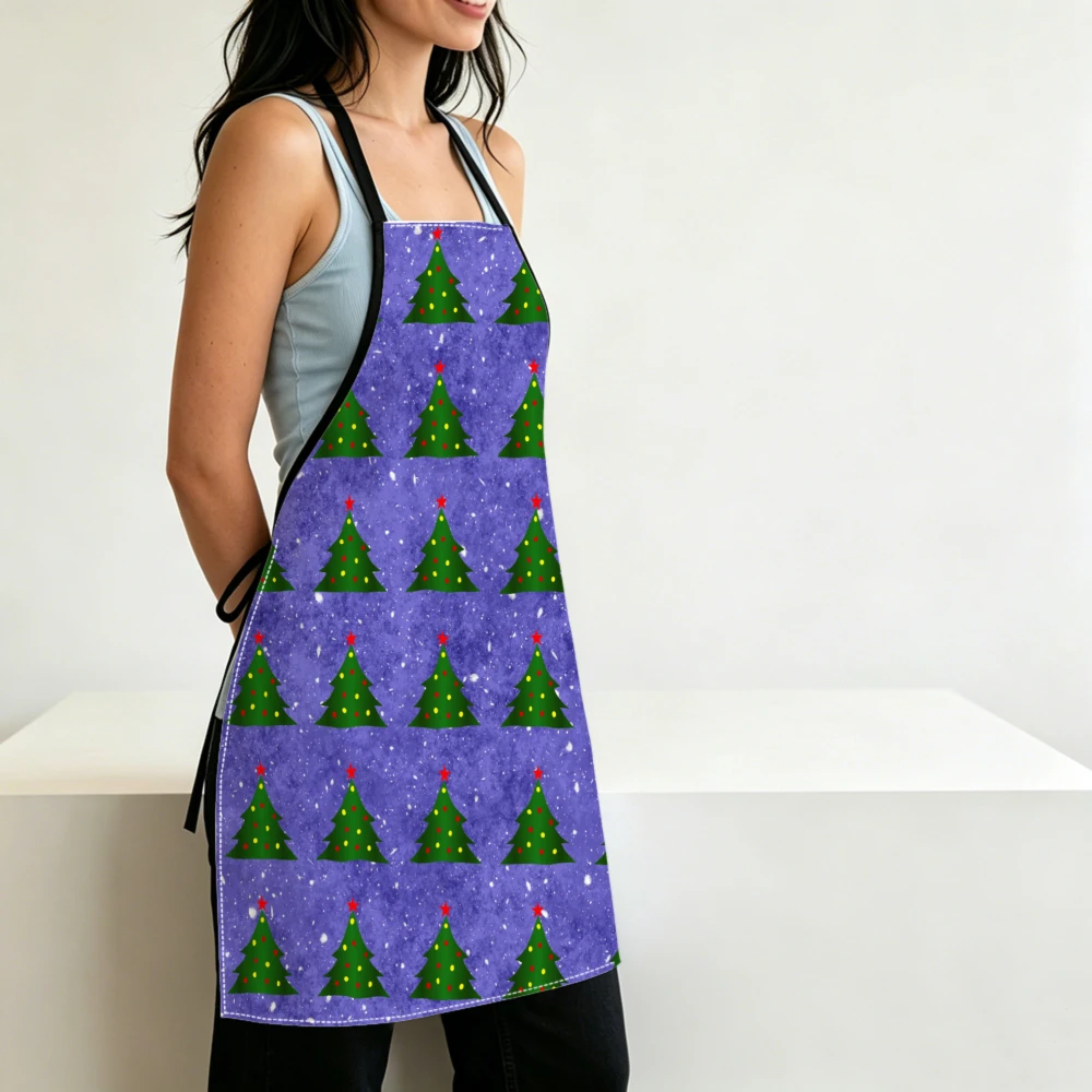 Festive Christmas Tree Pattern Apron Purple Snowflake Kitchen Aprons Cooking Baking Cleaning Adjustable Bibs