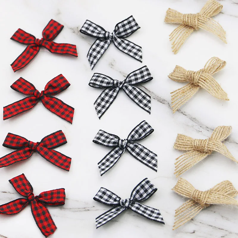 (60 Pieces/pack) 4cm Multi-color Checkered Bow Christmas Linen Bow Hair Accessories Holiday Home Decoration