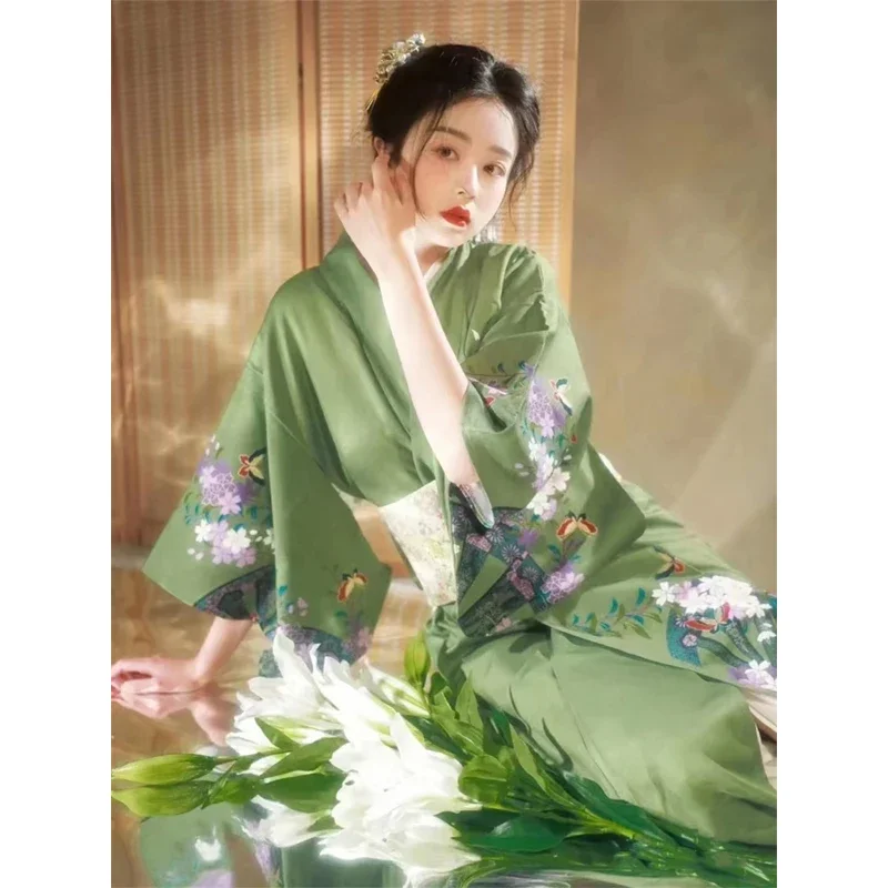 女性のための緑の花柄のバスローブ,日本の着物,シンプルでエレガントなドレス,アニメのドラムコスプレ,ハロウィメンズウェア