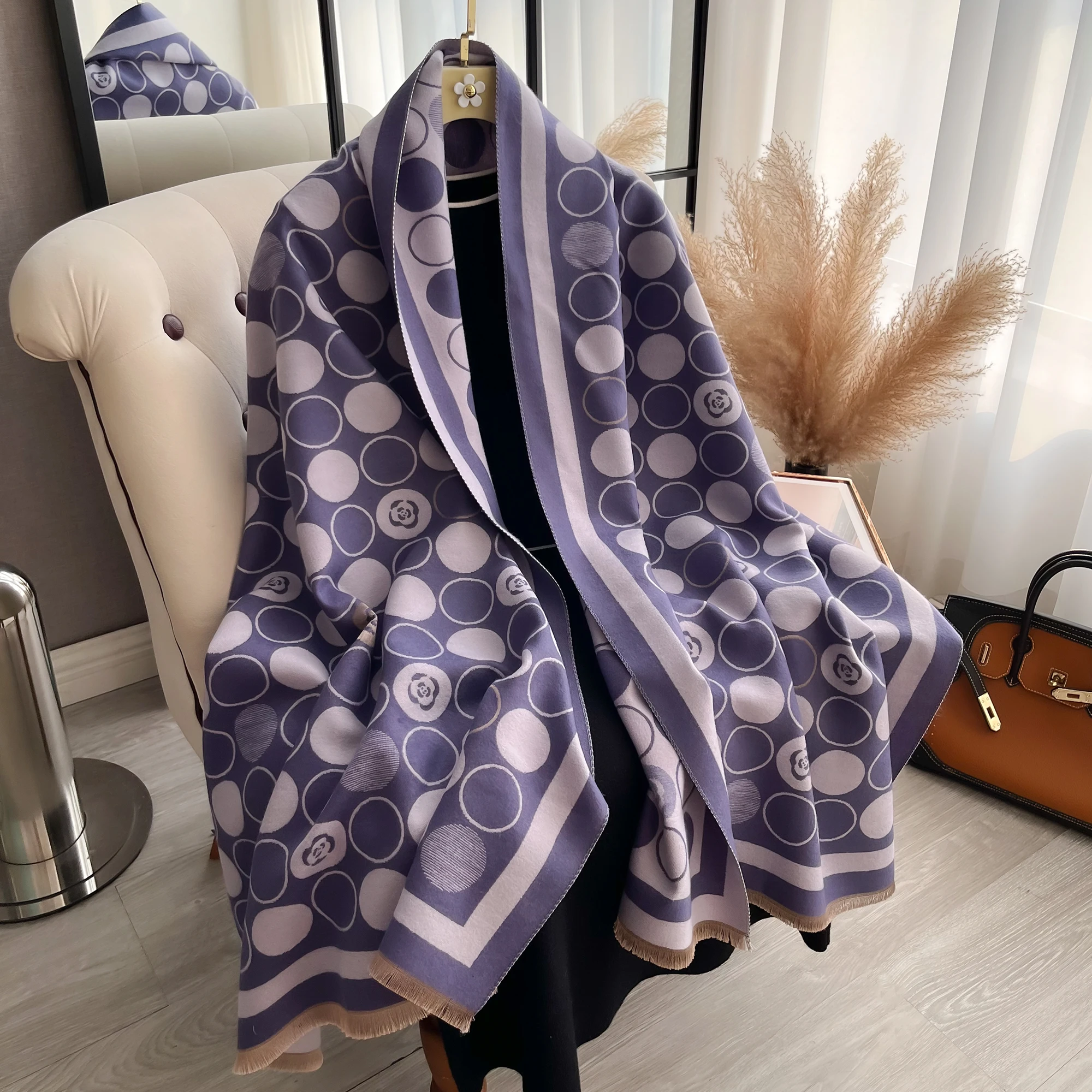 Double Sided Dot Printing Tassel Scarf Mature Imitation Cashmere Warm Shawl Autumn Winter Office Coldproof Windproof Wrapped Sca