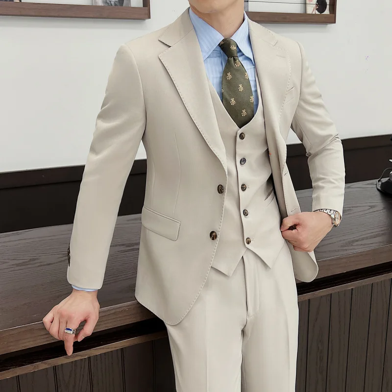 ( Jacket+Vest+Pants ) ltalian Style Luxury High-end Fashion Solid Color Mens Business Slim Suit 3Piece Set Groom Wedding Tuxedo