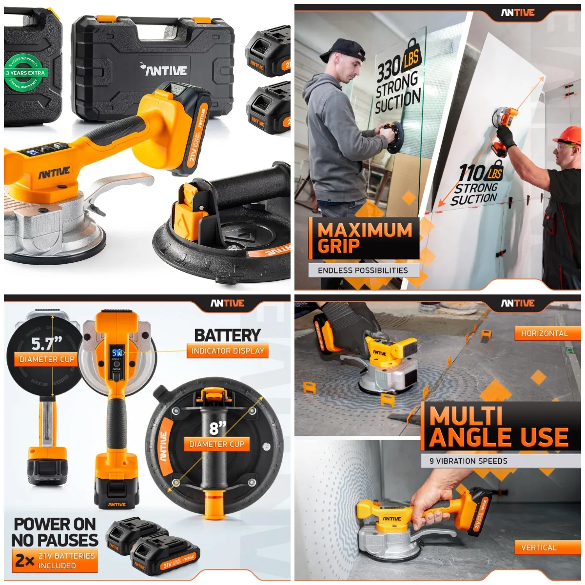 

Набор инструментов для вибрации плитки Pro с батареями 21 В и присоской 8 футов — мощность 110 фунтов — 9 уровней для мрамора, керамики, самолета, гранита, C