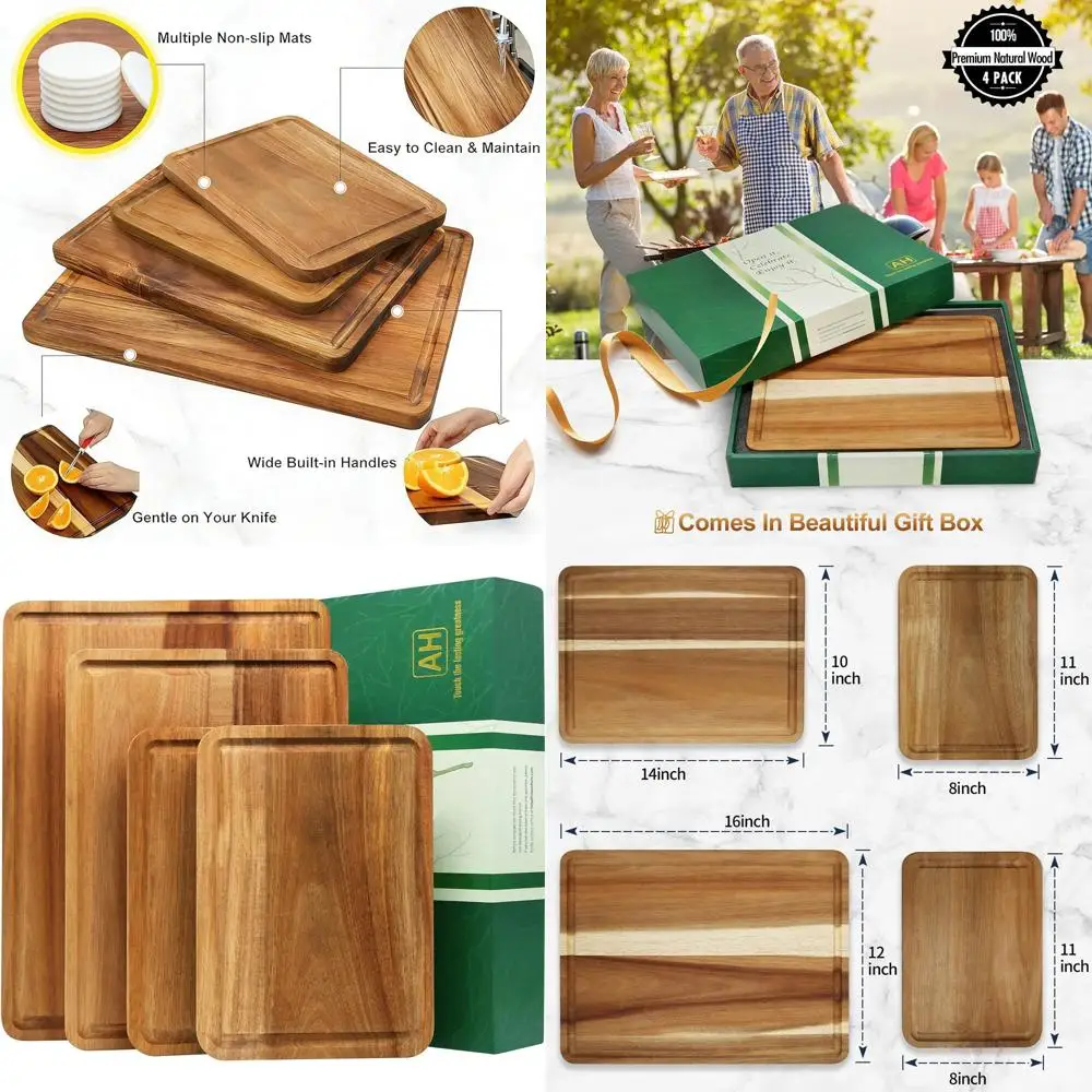 

Набор из 4 разделочных досок из акации с нескользящими подставками, желобками для сока и ручками (16x12, 14x10, 11x8)