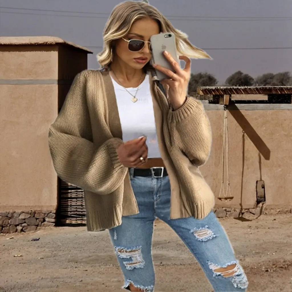 

Women's Slim Fit Knitted Cardigan Autumn Winter Fashion Thickened Short Sweater Coat European American Style