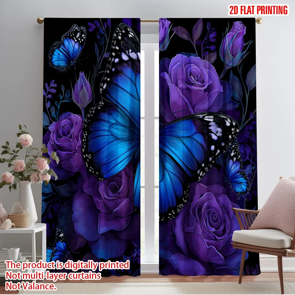 

2pcs 2D flat printing Party Curtain Blue Flutter Roses Fabric Without Electricity All Season Party & Holiday Decor for Holiday