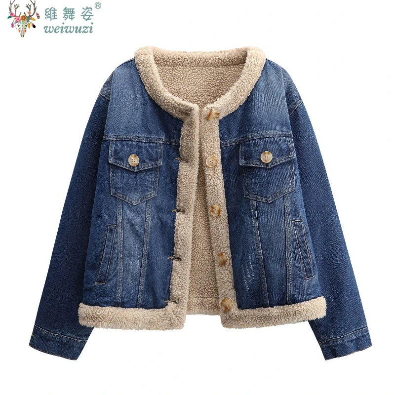 

Зимняя женская джинсовая куртка больших размеров из искусственной овечьей шерсти, внутренний слой, ковбойское пальто, толстая теплая модная свободная верхняя одежда, повседневный топ на открытом воздухе