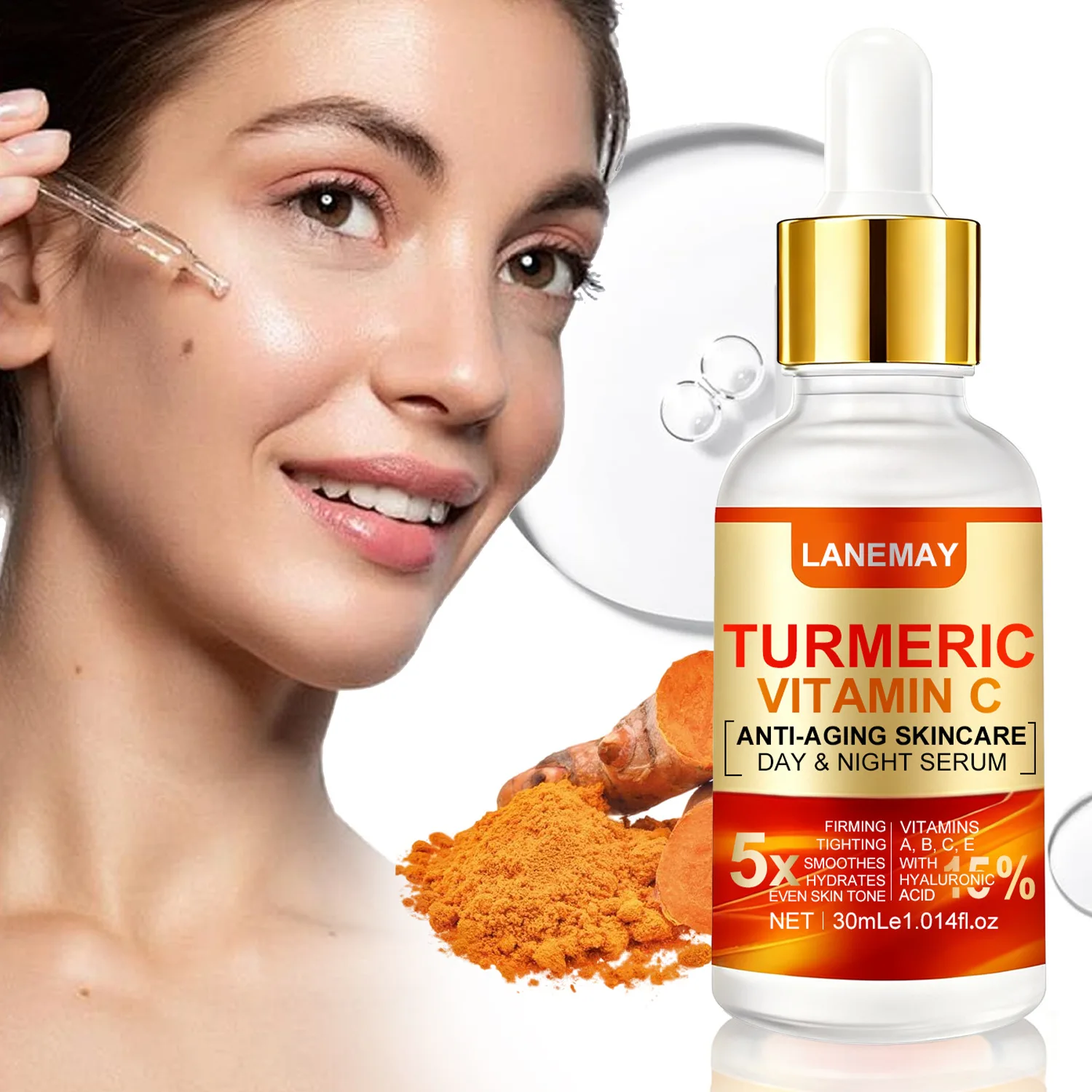 Sérum Anti-Idade de Cúrcuma e Vitamina C para Dia e Noite 30ml - 5% Clareador e Firmador - Hidratação Intensiva para Todos os Tipos de Pele.
