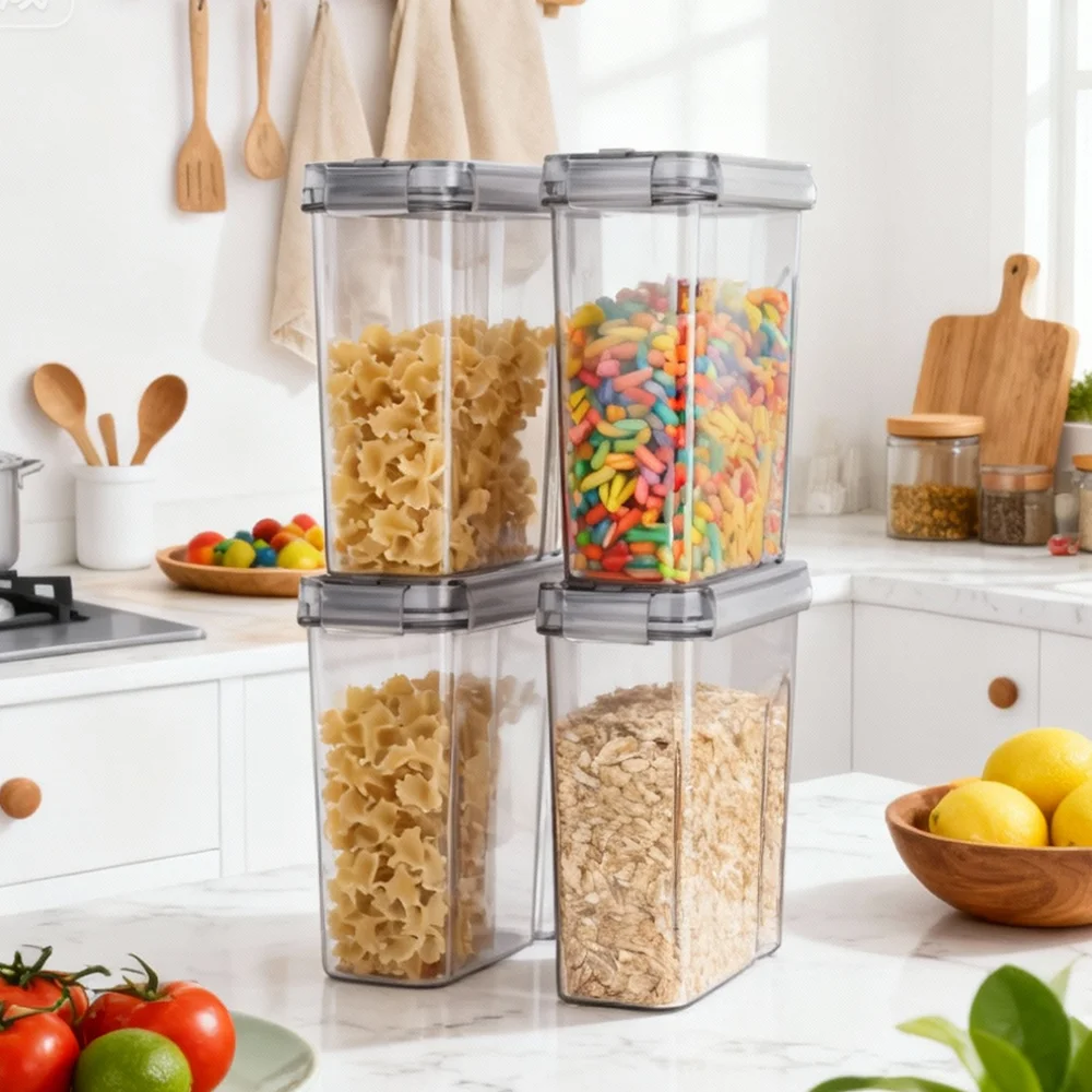 4-teilig/8-teilig/12-teilig 4L Aufbewahrungsbehälter Versiegelte Lebensmittel-Aufbewahrungsbox Müsli-Süßigkeiten-Trockenfutter-Behälter Luftdichtes Müsli-Aufbewahrungsset Transparent – Detail 4