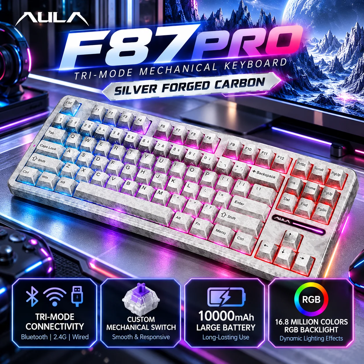 AULA F87PRO 87-Key Mechanical Gaming Keyboard Tri-Mode Wireless RGB Hot Swappable Gasket Mount PBT Keycaps