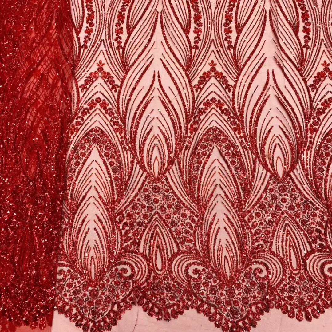 African Red Lace Fabric Luxury Sequins Peacock Feather Embroidered French Tulle Mesh For Wedding Evening Dress Sewing Material