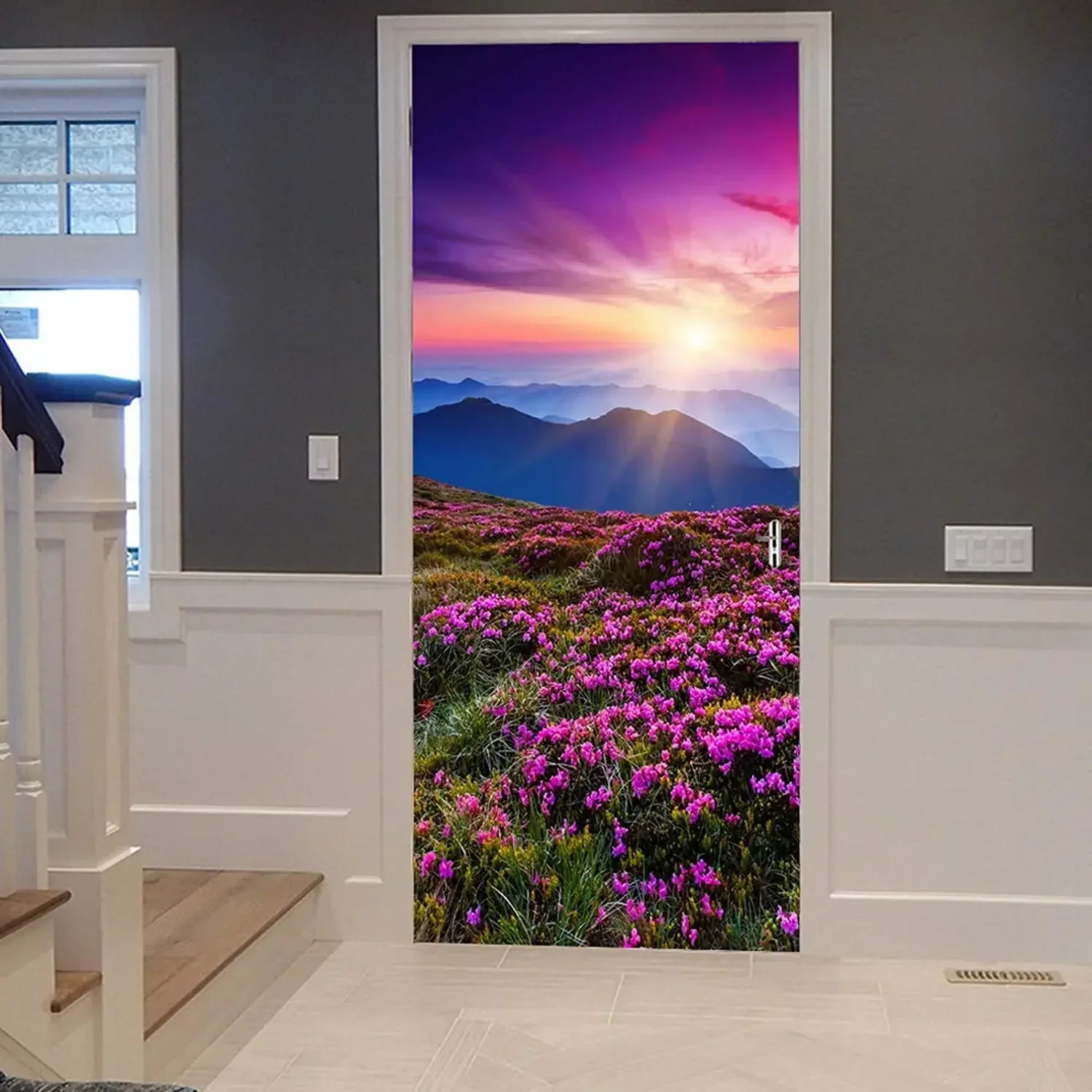 Flower Field Mountain 3d Door Stickers Sunshine Flower Decal Nature Scenery Wallpaper Poster Living Room Bedroom Decoration