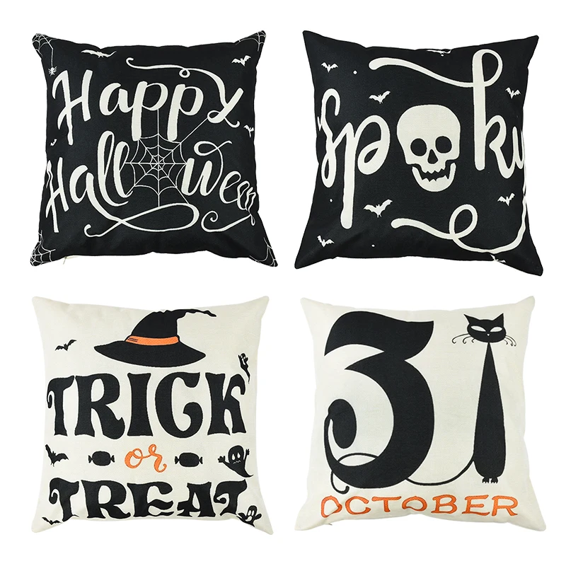 

45x45cm Halloween Linen Pillow Funny Spider Web Skeleton Black Cat Print Cushion Halloween Trick Or Treat Party Horror Supplies