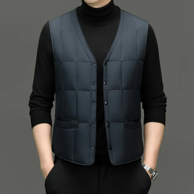 Plus Size 90% White Duck Down Puffer Vests for Men V Neck Winter New Warm Inner Wear Dads Sleeveless Jacket for Men VT-387