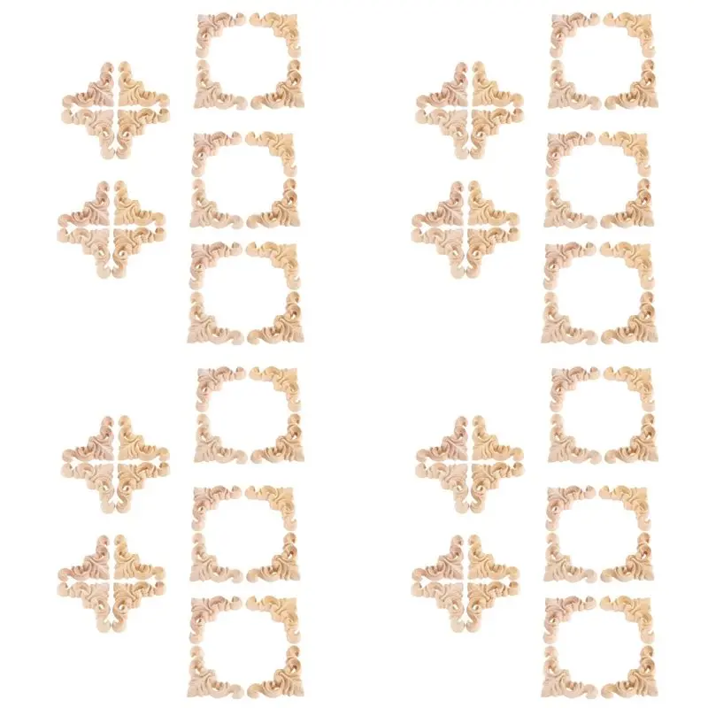 

【CHRISTMAS 】80Pcs Carved Unpainted European Wood Furniture Window Corner Wood Applique Onlay Wood Figurines Ornamental 4 X 4Cm